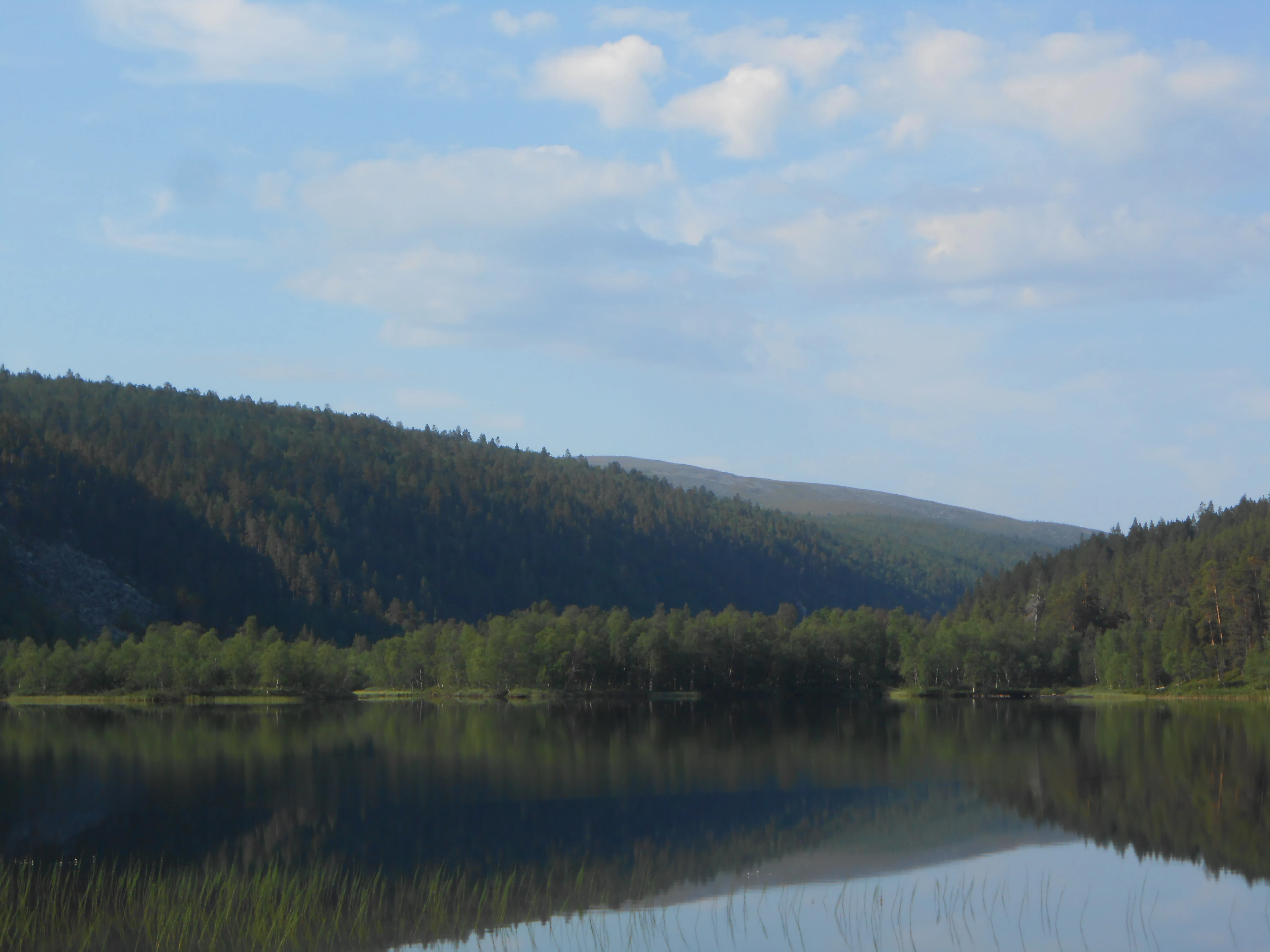 A serene lake reflecting forested mountains under a partly cloudy sky