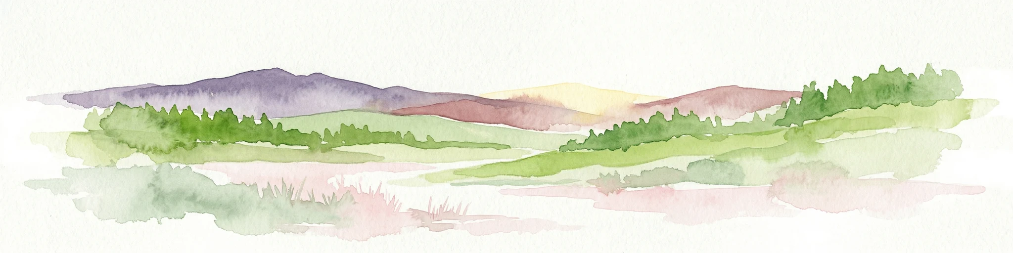 Pintura de acuarela de un paisaje con colinas onduladas, bosques y montañas distantes.