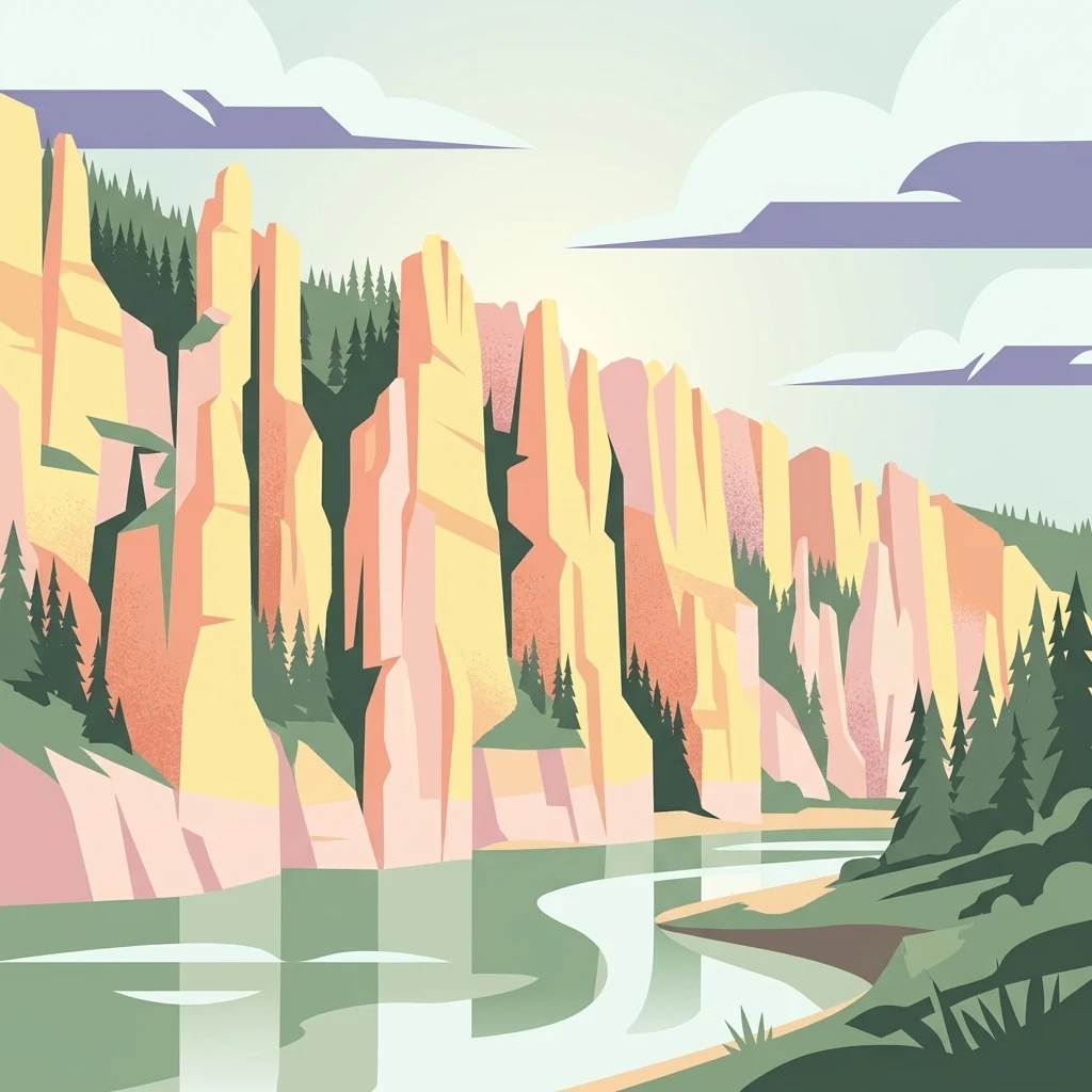 Vector illustration showing tall, light-yellow rock formations rising steeply from a river, framed by dark green coniferous trees and simplified clouds.