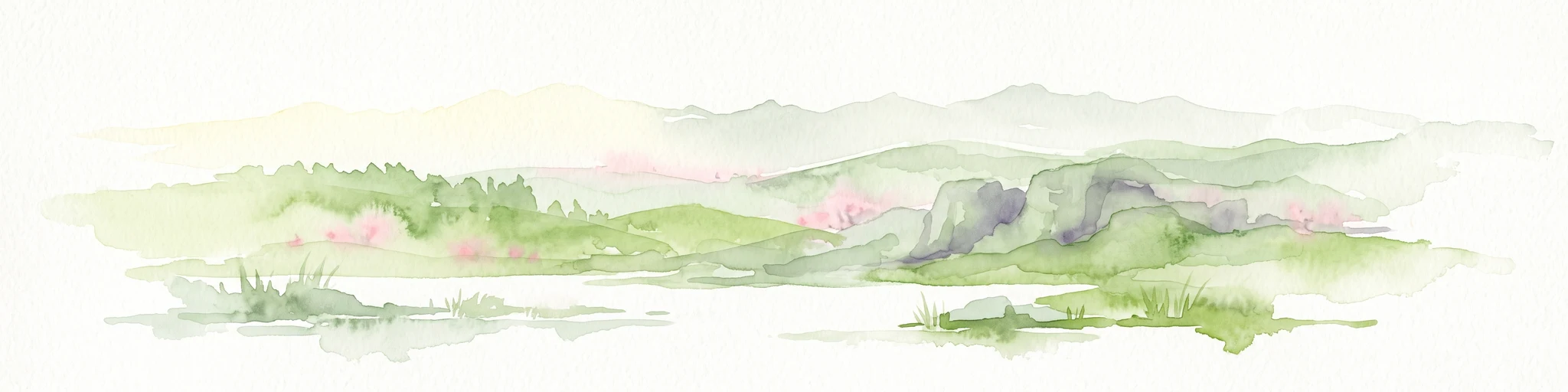 A pale, minimalist watercolor painting showing soft green hills, patches of pink, and grassy shorelines against a blank white background.
