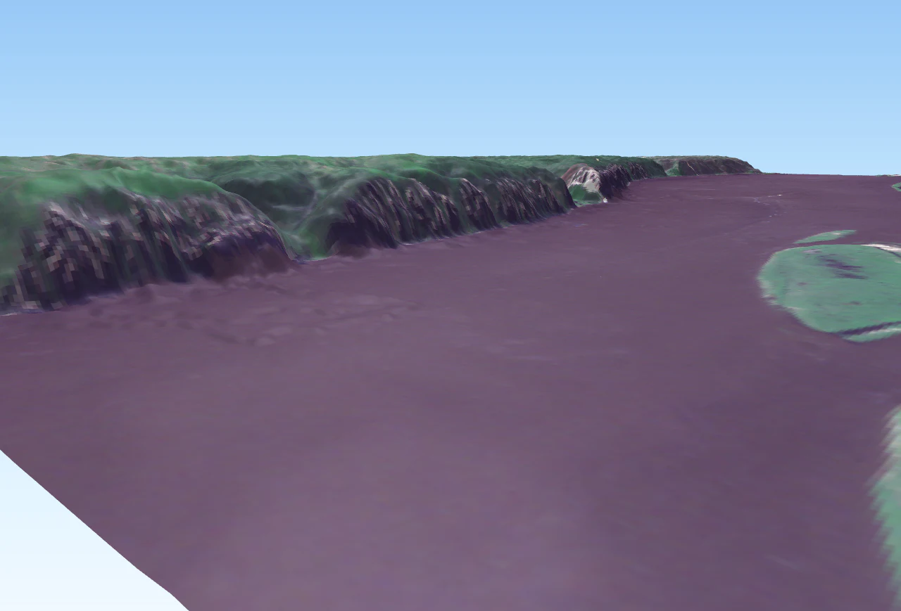 A 3D satellite visualization shows the Lena Pillars, consisting of high, jagged rock faces rising from the banks of a wide, dark-colored river.