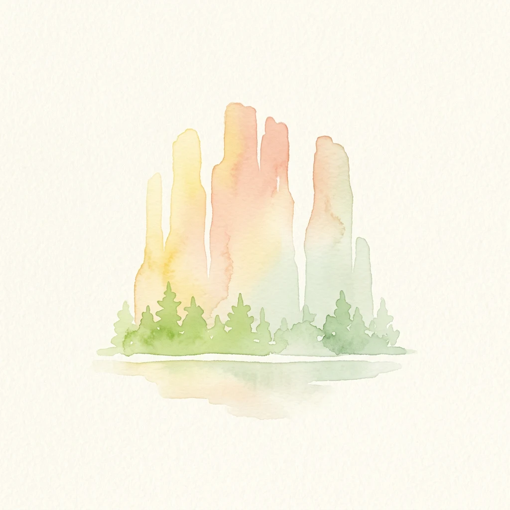 Watercolor illustration of tall rock formations by a body of water with green trees in the foreground