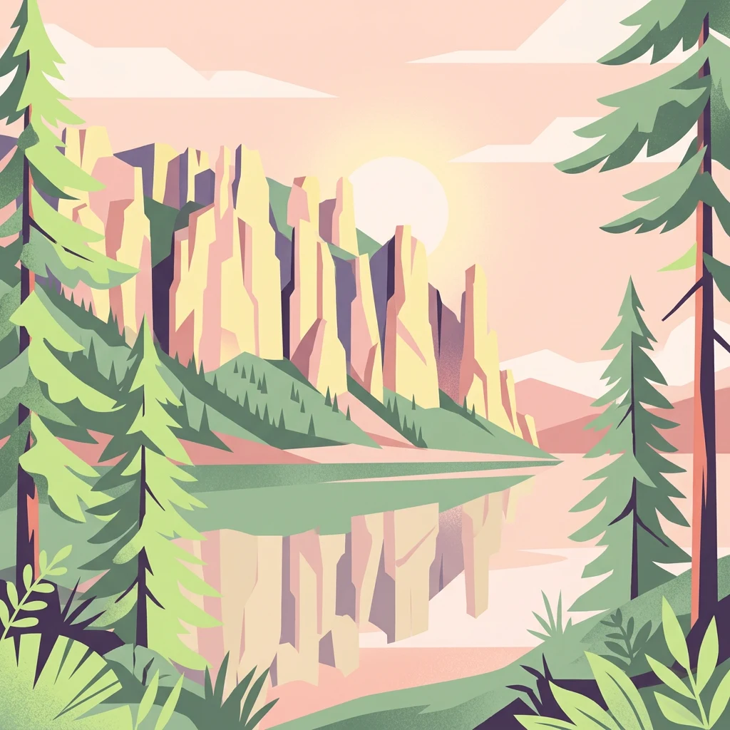 Stylized illustration of Lena Pillars rock formations reflecting in a river, with pine trees in the foreground and a setting sun in the sky
