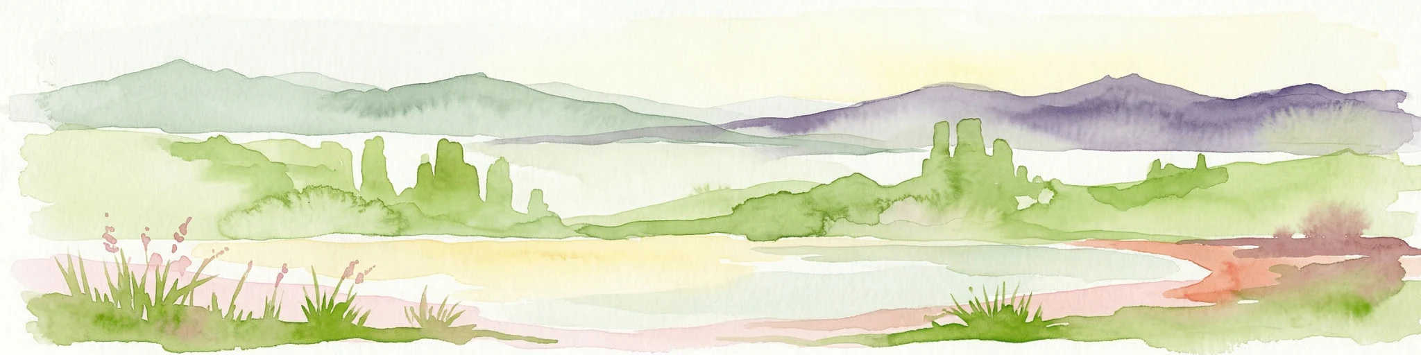 Ilustración en acuarela que muestra colinas verdes, un río y primer plano con hierba