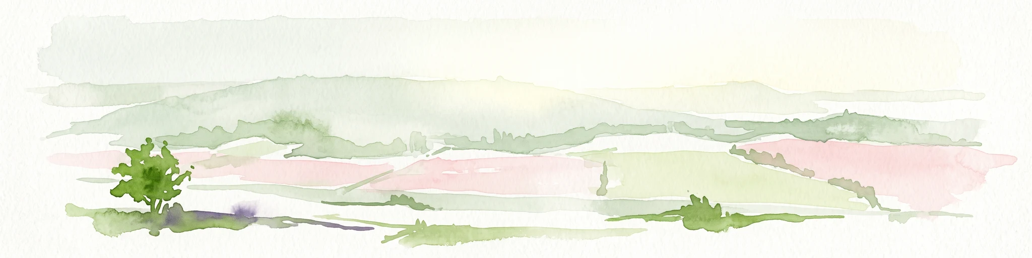 Watercolor painting of a rolling forested ridge under a pale sky.