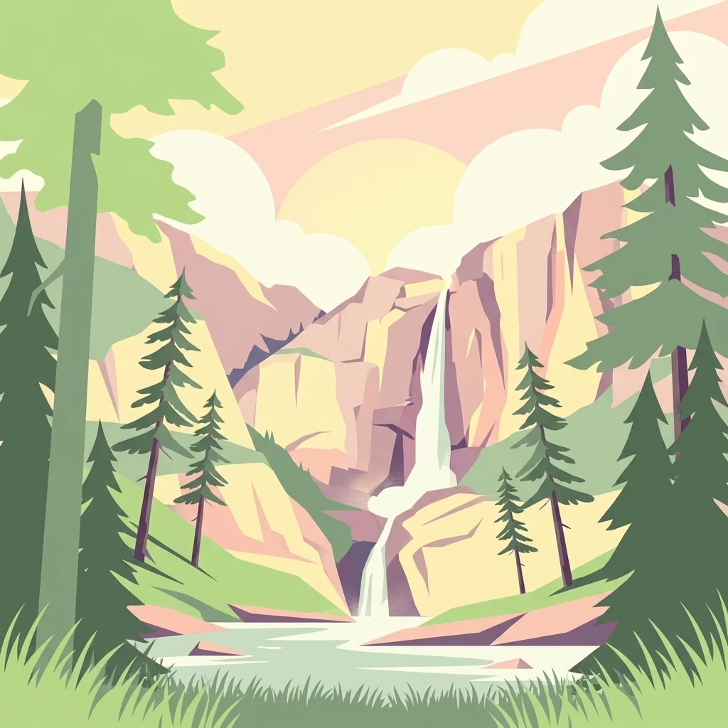 A flat-style digital illustration showing a waterfall cascading down a rocky mountain face, surrounded by pine trees and a small pool in the foreground.