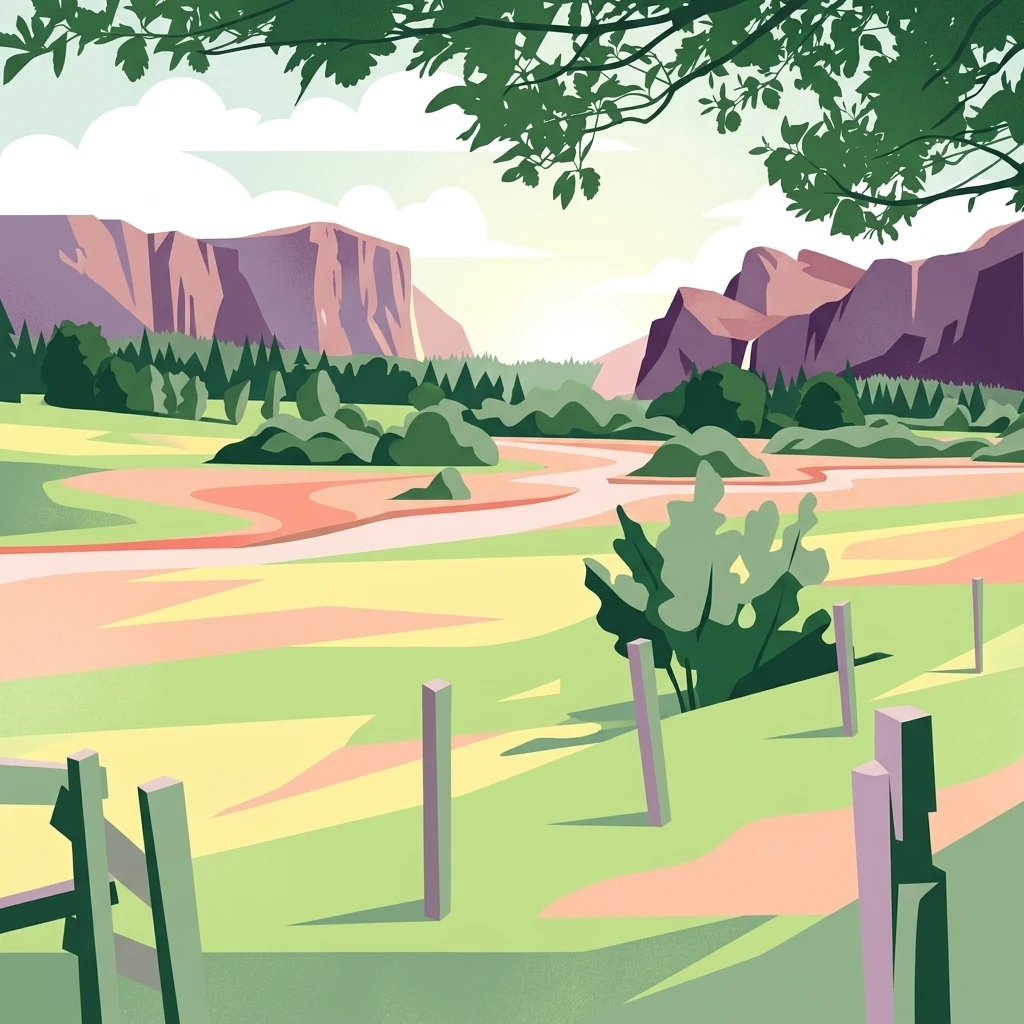 A graphic illustration depicting a grassy valley, fence posts in the foreground, and rocky cliff faces in the distance under a bright sky.