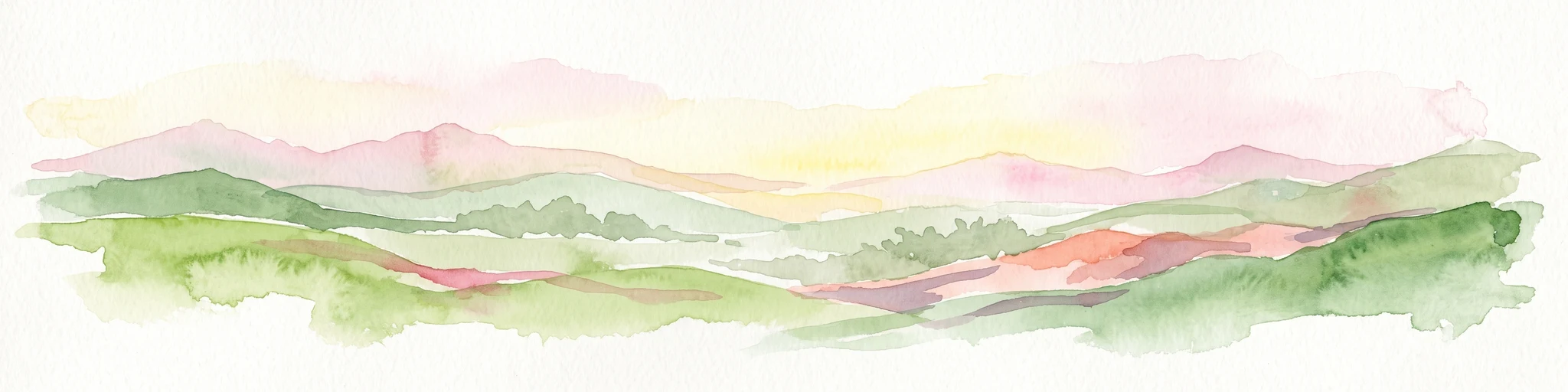 A soft, horizontal watercolor painting of rolling green hills under a faint, warm-toned sky, with no sharp outlines.