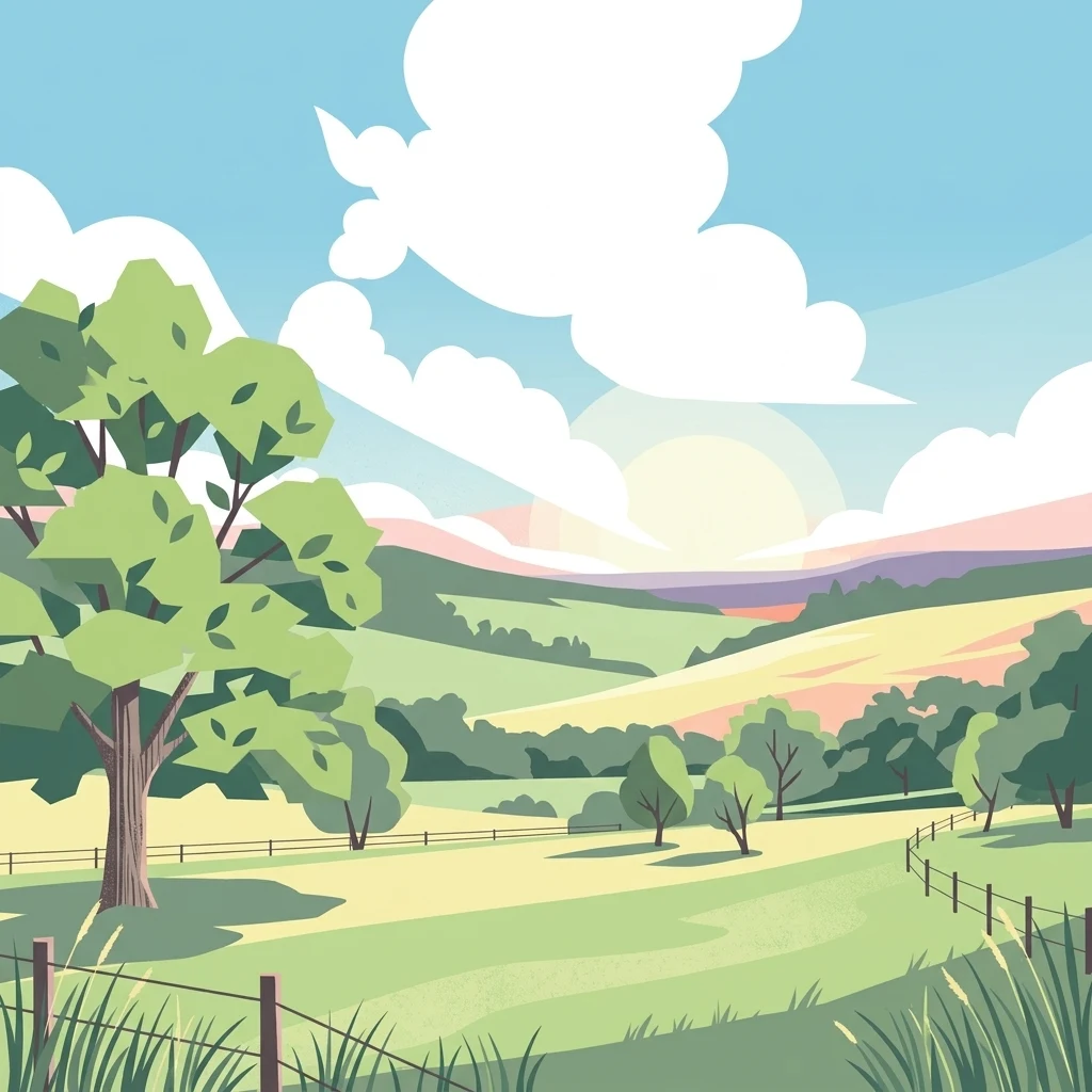 Una ilustración digital plana que muestra un paisaje verde ondulado con árboles, vallas de alambre y nubes blancas esponjosas bajo un cielo azul.