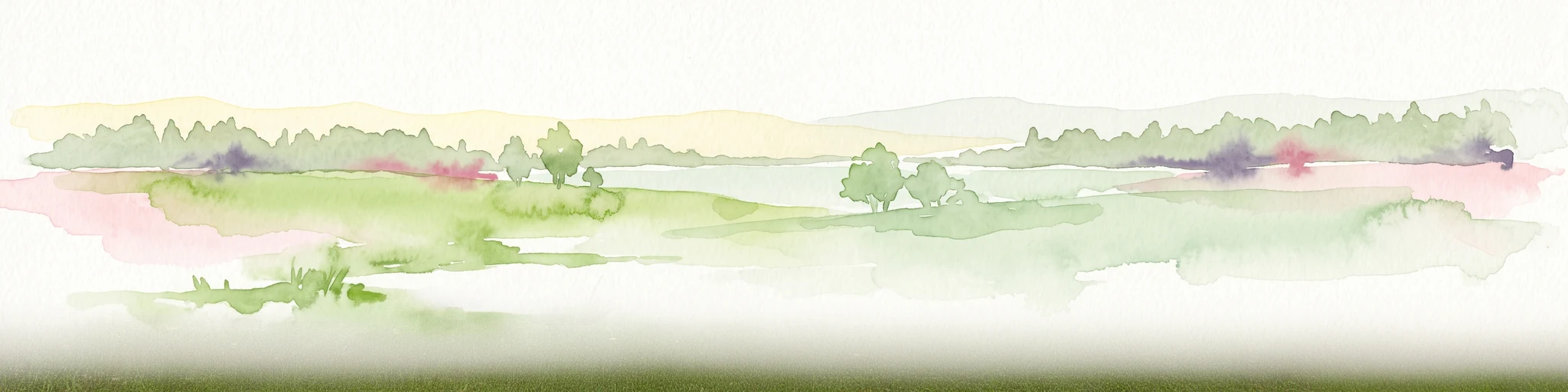 A soft watercolor painting of a flat, open landscape with scattered trees, rolling grasses, and muted green and pink tones.