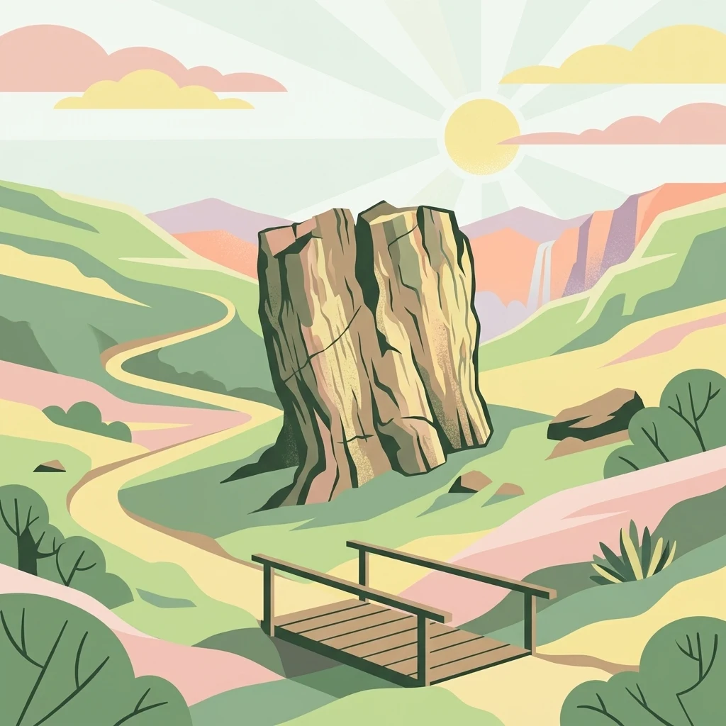 An illustration showing a large brown fossilized tree stump in the center of a grassy, rolling valley with a footbridge in the foreground and a setting sun in the background.
