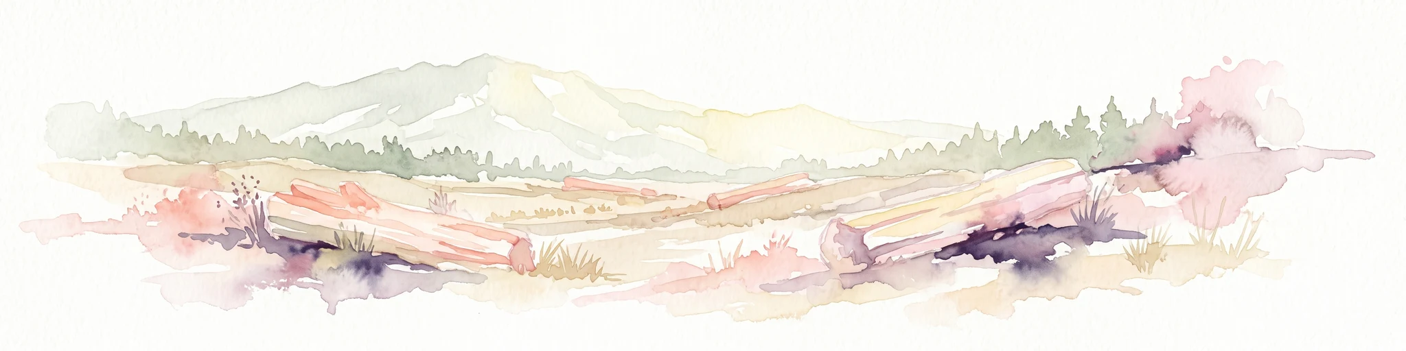 Watercolor painting of a wide, rolling landscape with a forested horizon and distant mountains, rendered in soft, muted tones of pink, green, and gold on a white background.