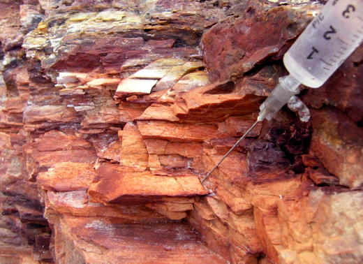 A close-up view of a medical-style syringe injecting a clear liquid into a crevice of a layered, reddish-brown fossilized rock.