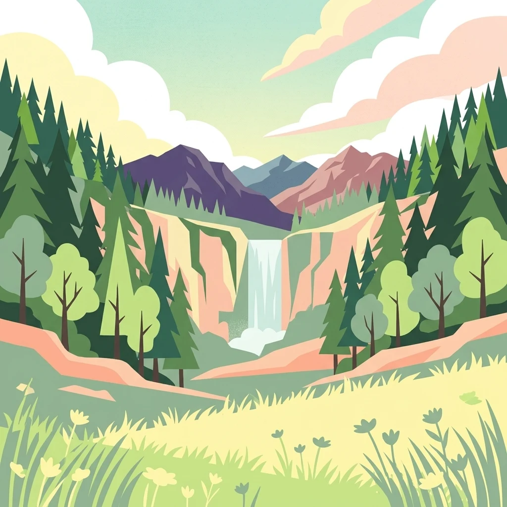 Una ilustración que muestra un valle frondoso con una cascada entre colinas arboladas y montañas lejanas bajo un cielo suave.