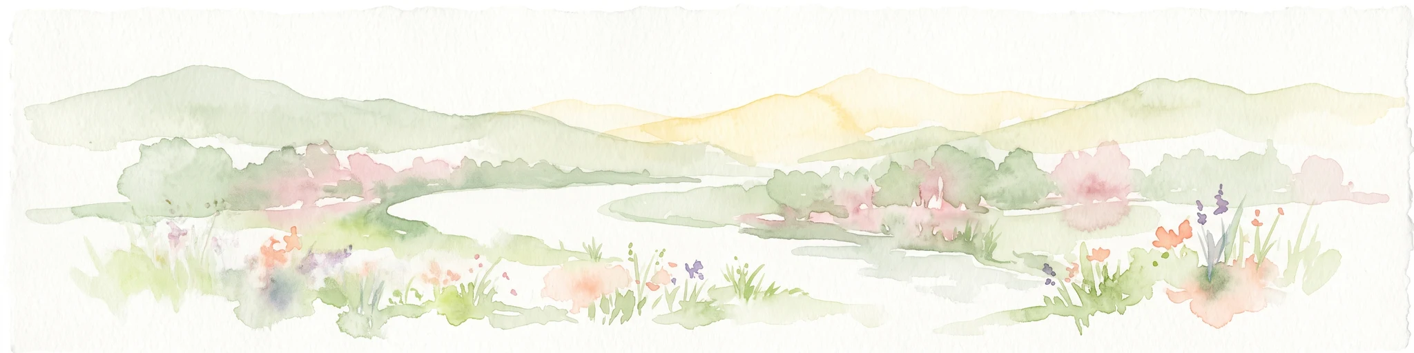 A wide watercolor illustration showing a winding river flowing through a green valley with pink and purple flowers in the foreground and soft yellow hills in the background.