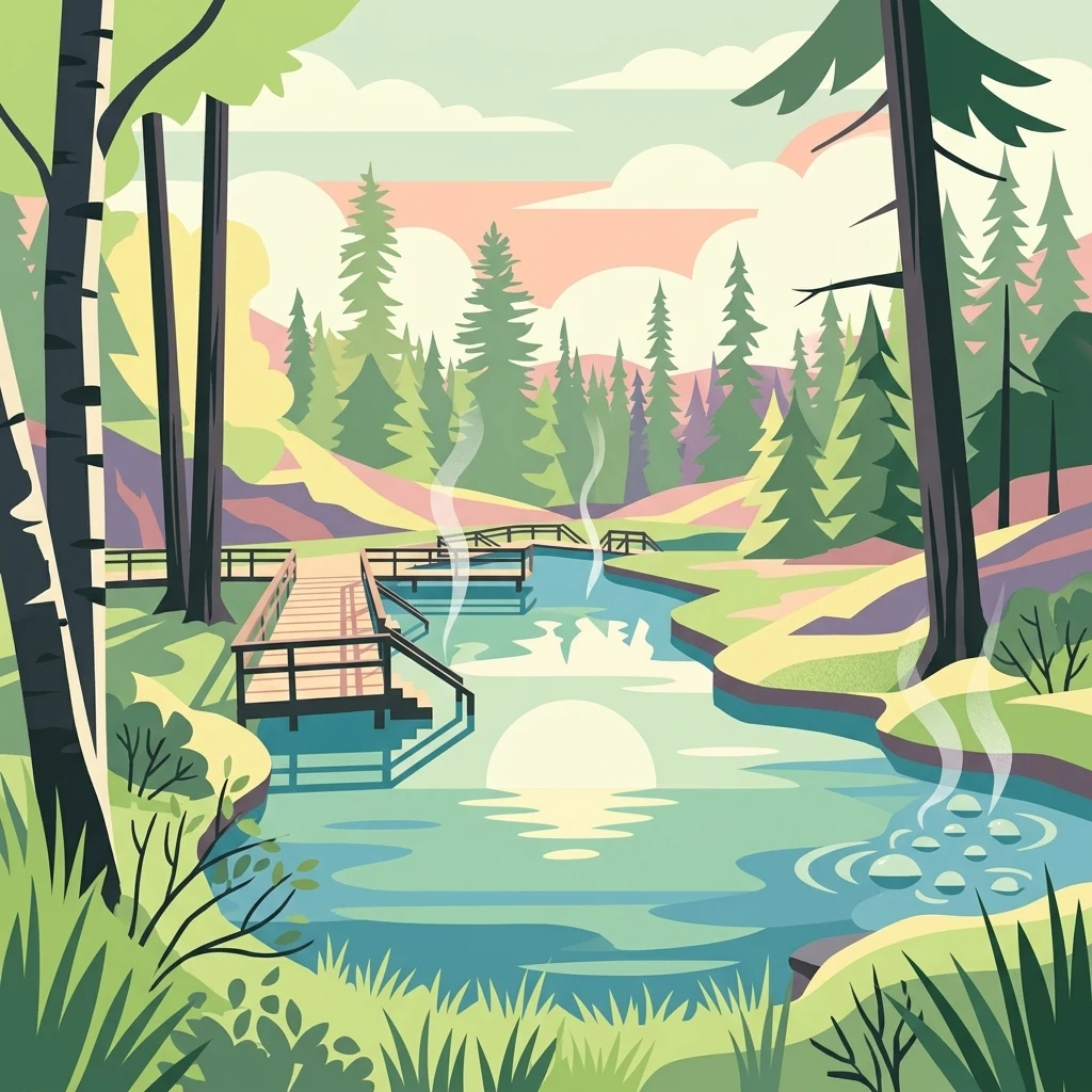 A stylized digital illustration of a geothermal pool surrounded by a boreal forest, featuring a wooden boardwalk leading into the water with steam rising from the surface.