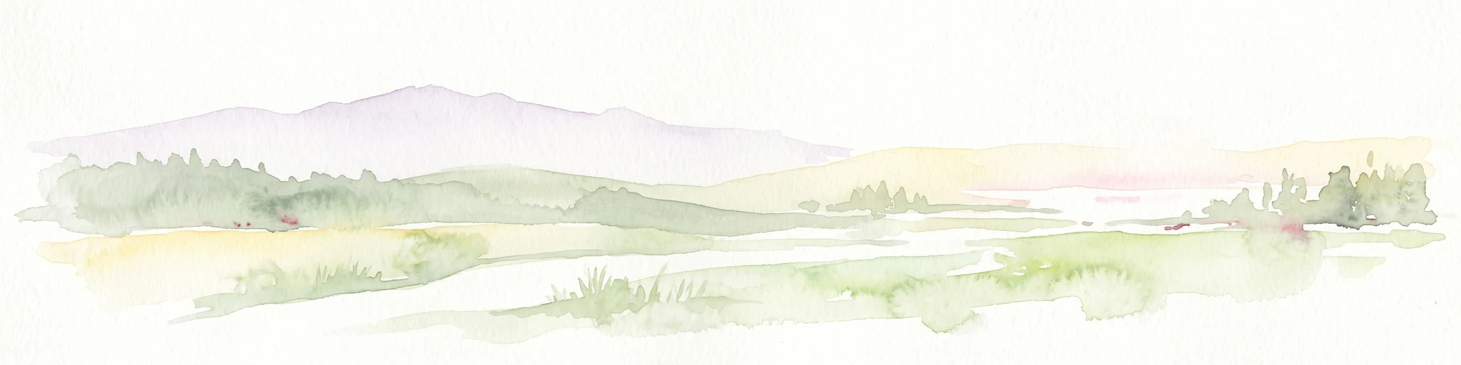 A pale, minimalist watercolor painting of a river landscape with distant rolling hills, marshy grasses, and light tree clusters under a bright sky.