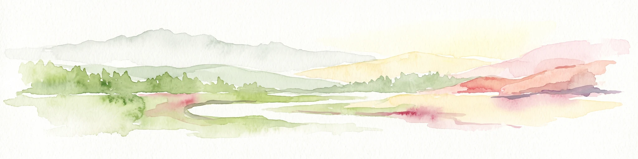 A soft watercolor painting of a river landscape with rolling green hills and gentle slopes.