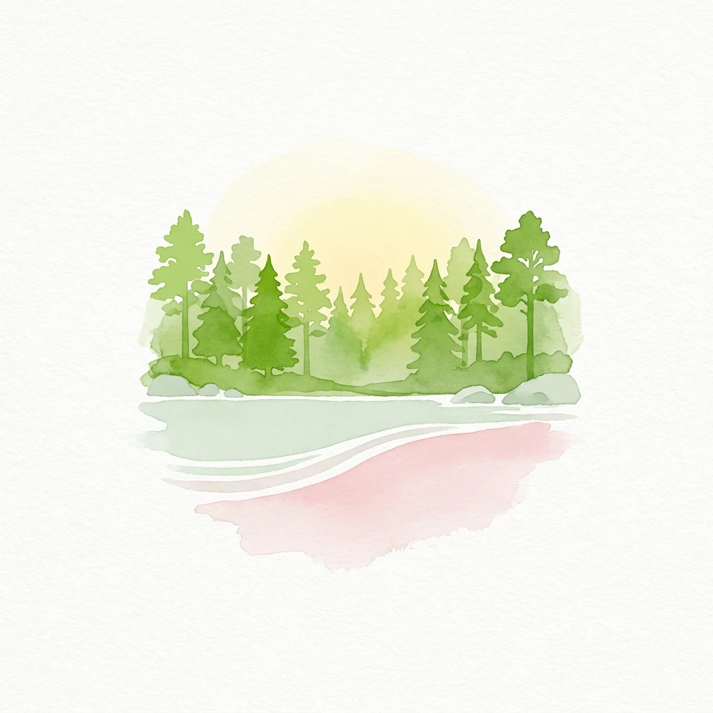 Watercolor illustration of pine trees along a lake shoreline with a sunset sky and pink water reflections