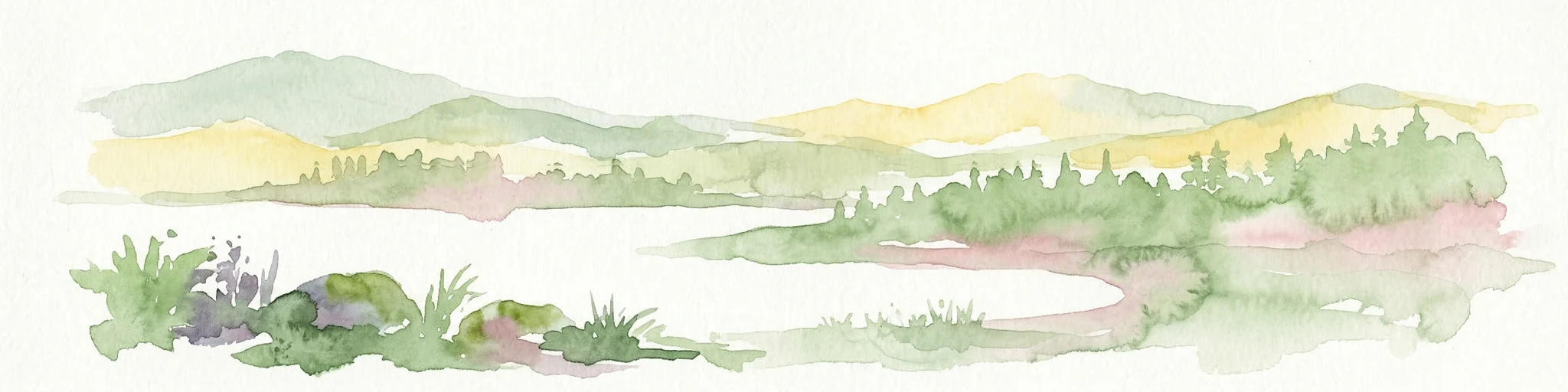 Pintura en acuarela que muestra un lago rodeado de vegetación con colinas onduladas al fondo