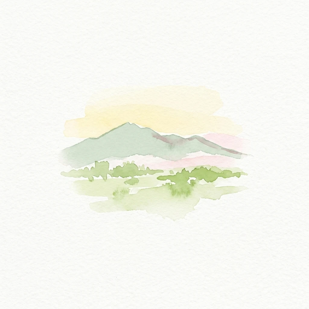 Watercolor painting of green mountains and grassy plains under a pale yellow sky