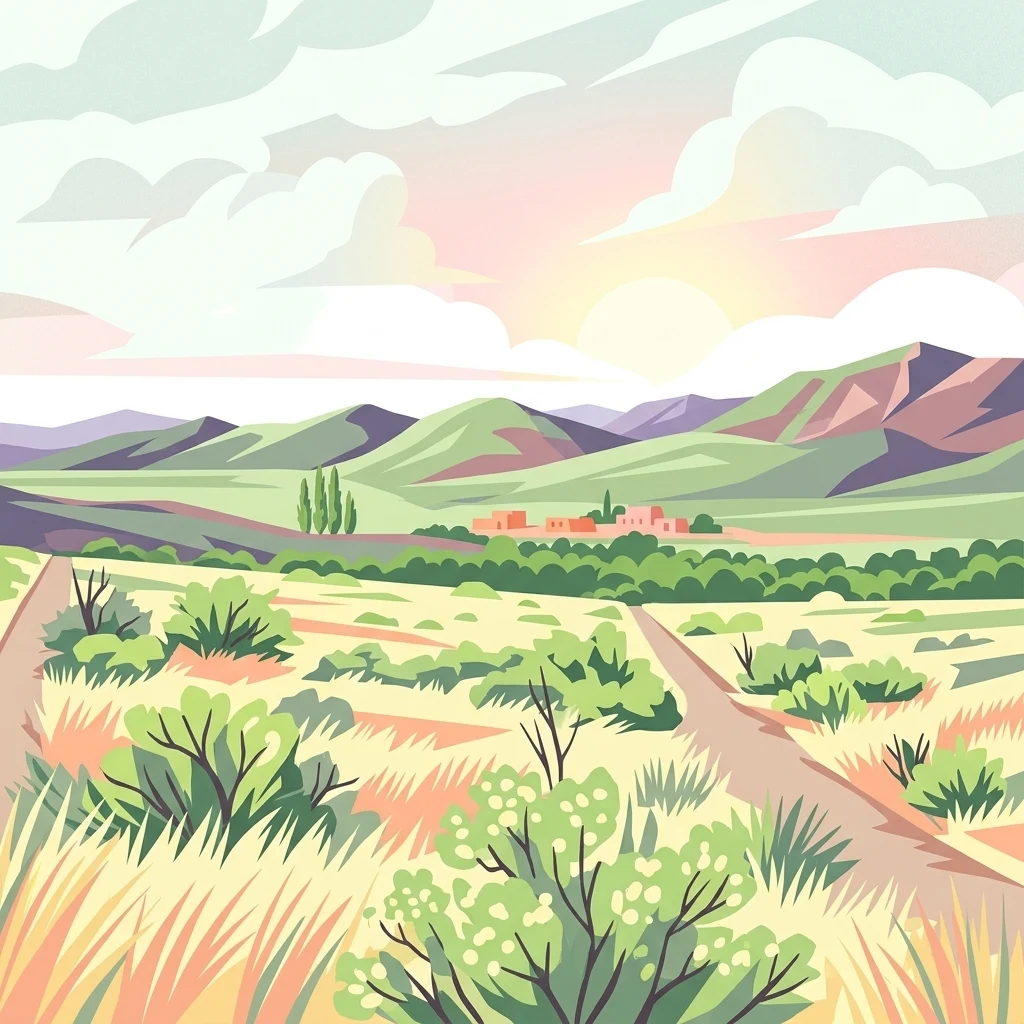 Illustration showing grassy plains with scattered vegetation, a dirt road, and mountains under a partly cloudy sky