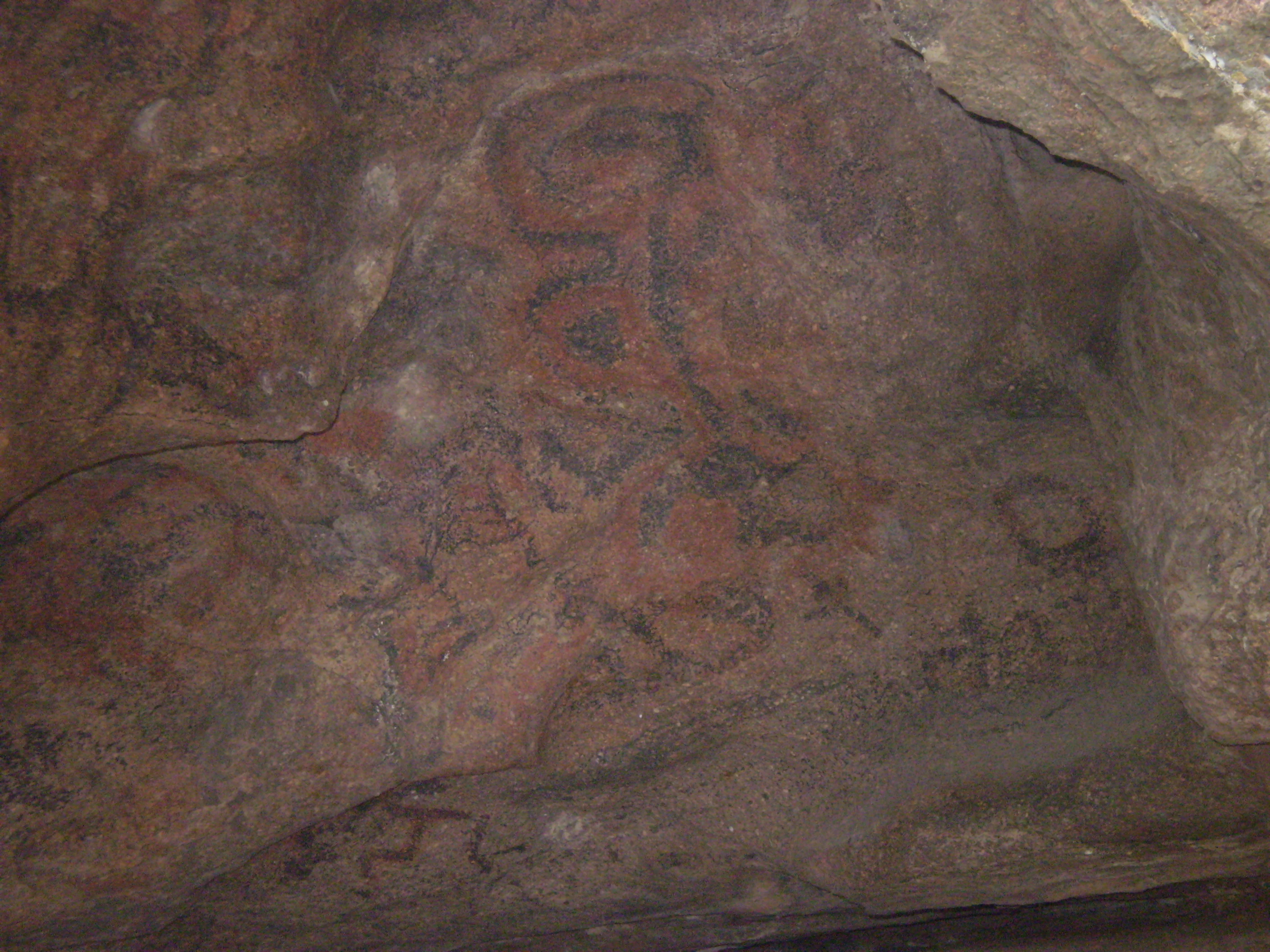 Rock paintings on cave wall with reddish-brown and dark markings
