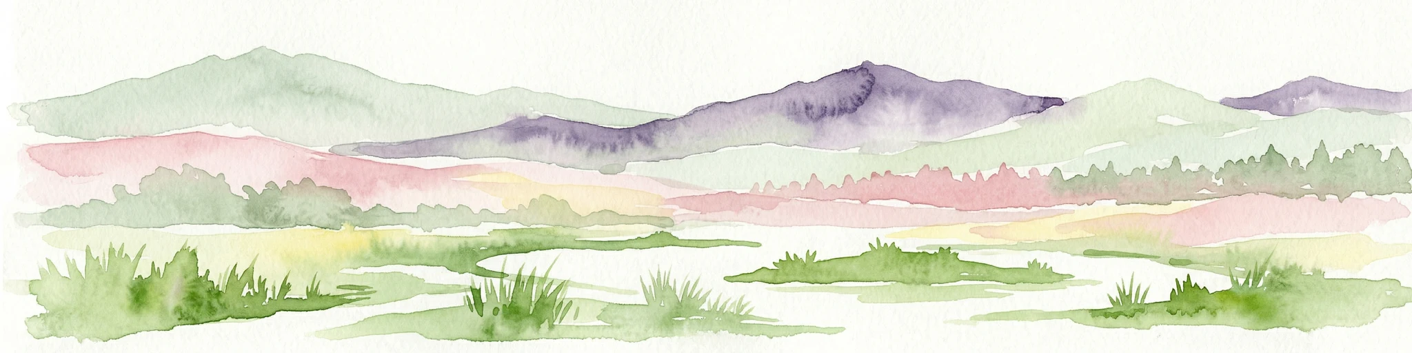 Ilustración en acuarela que muestra montañas en capas en tonos verdes, morados y rosados, primeros planos herbosos y pequeños cuerpos de agua