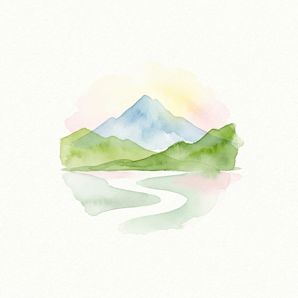 A stylized watercolor illustration showing a blue mountain peak rising behind green hills, with a winding river and its reflection below on a white background.