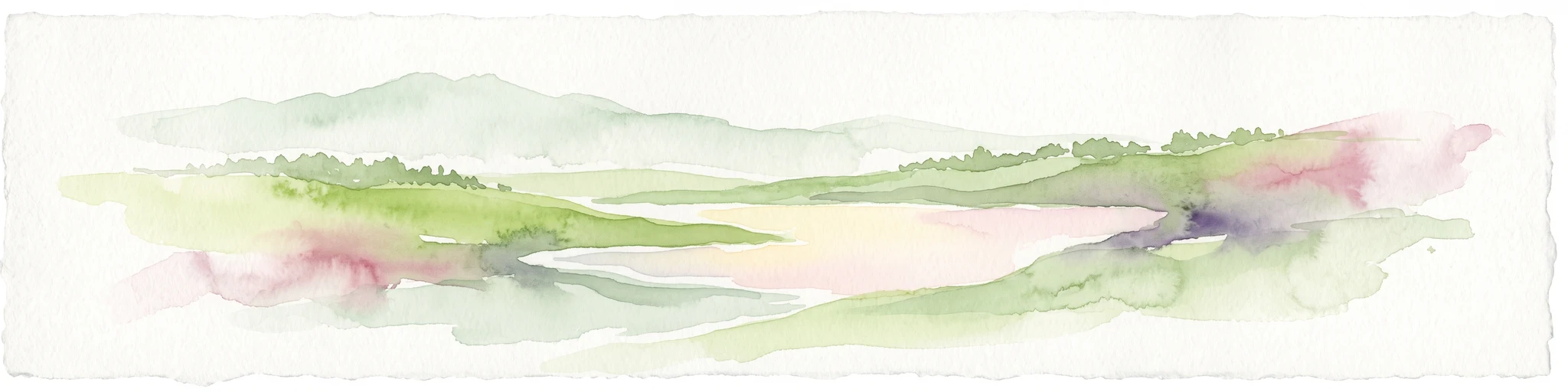 Pintura a la acuarela de un paisaje que muestra un cuerpo de agua rodeado de terrenos verdes con árboles y colinas distantes, con tonos suaves en rosa y morado en los laterales