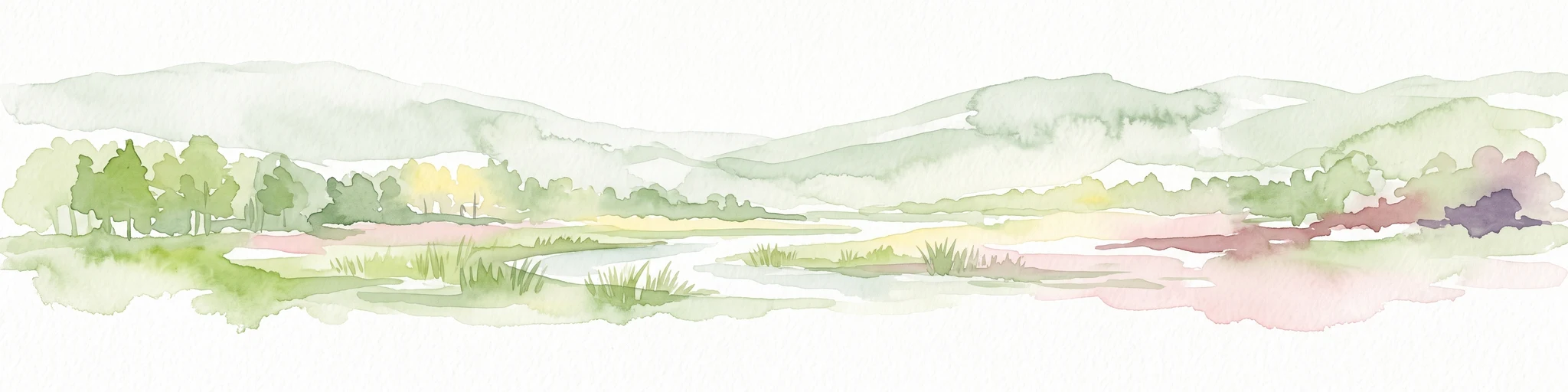 Watercolor painting of a rolling forested landscape with hills in the background and a gentle valley floor in the foreground, rendered in soft green and earth tones.