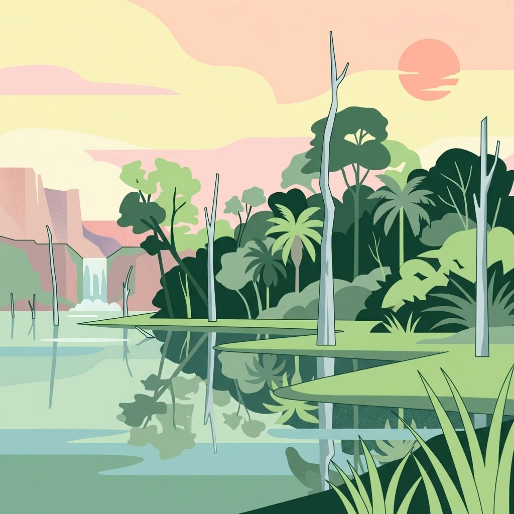Una ilustración vectorial estilizada de una escena de humedal tranquilo con un lago sereno, un bosque frondoso con palmeras y una cascada lejana al atardecer.