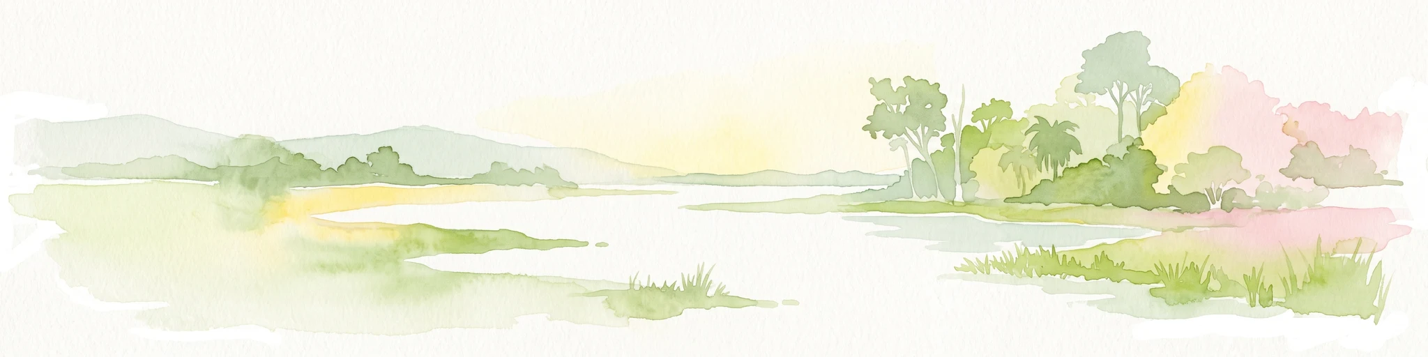 A soft, light-toned watercolor illustration of a tranquil riverside landscape, featuring grassy banks, calm water, and distant hills, with trees and bushes lining the shore.