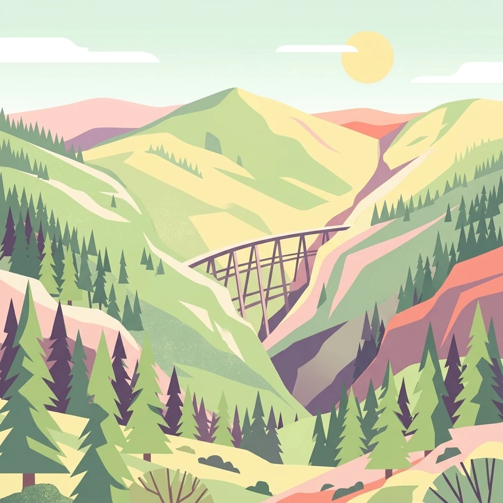 A stylized illustration of a high wooden trestle bridge crossing a steep canyon between two lush green mountain ridges with coniferous trees in the foreground.
