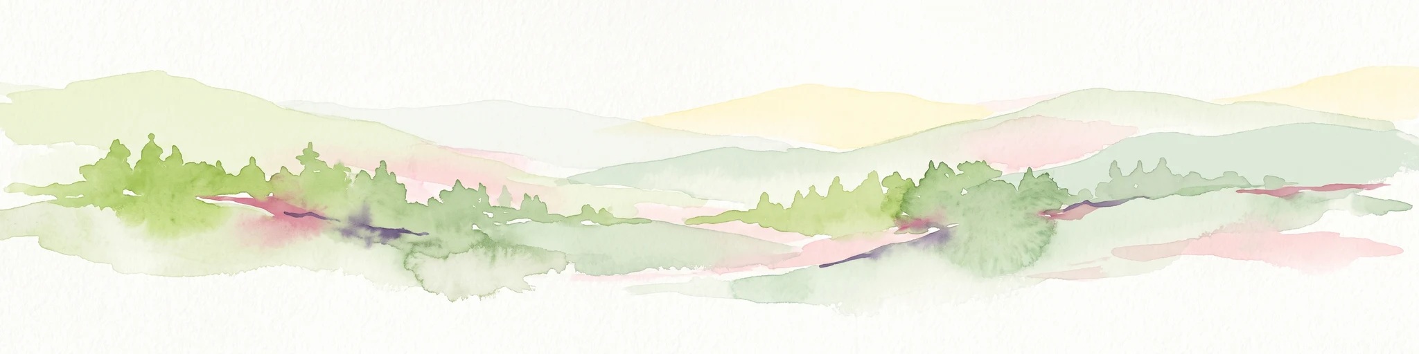 Watercolor painting showing layers of rolling hills and distant mountains in shades of soft green, pink, and yellow.
