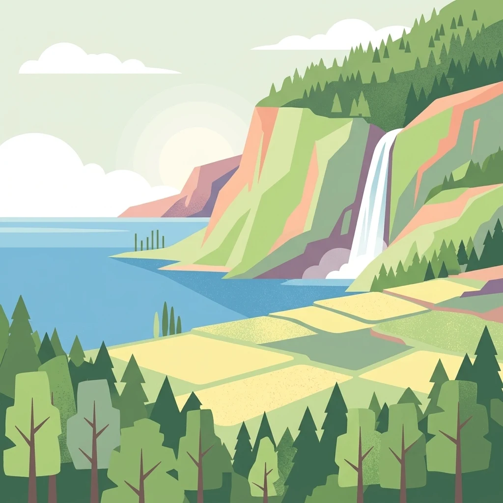 Una ilustración de estilo vectorial plano que representa un lago bordeado por acantilados rocosos escarpados y una cascada, con terrazas de cultivo y bosques de hoja perenne en primer plano.