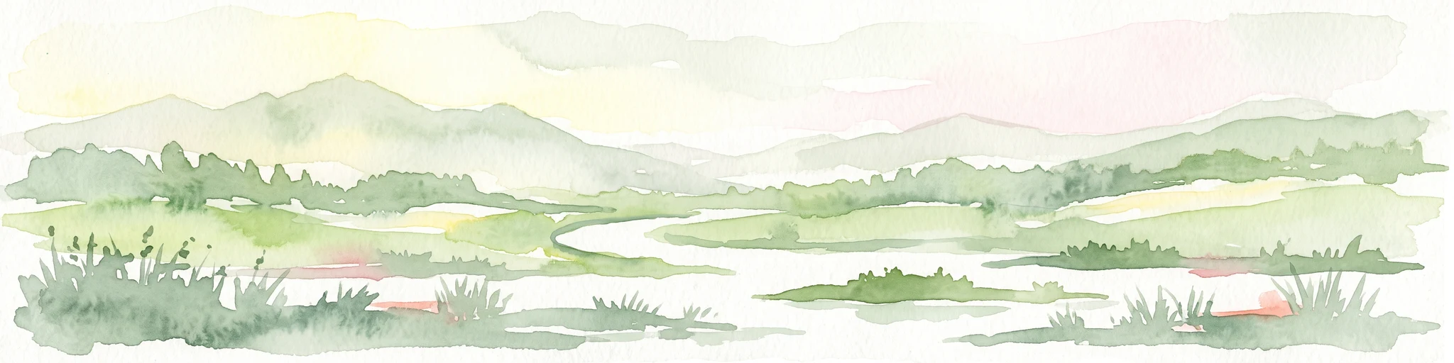 Una ilustración horizontal en acuarela que representa colinas verdes onduladas, una orilla de lago serpenteante y montañas lejanas en una paleta suave y apagada.