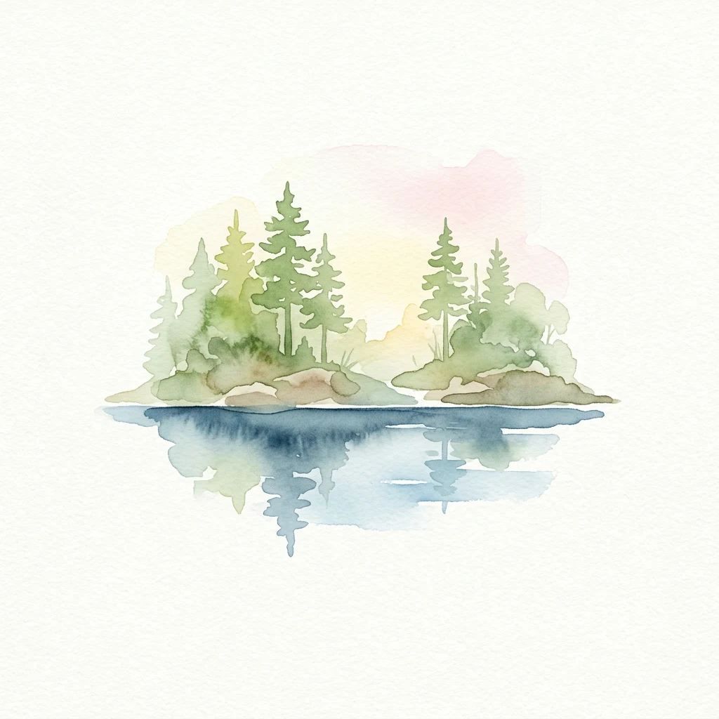 Pintura de acuarela de una isla con pinos y un reflejo en agua tranquila