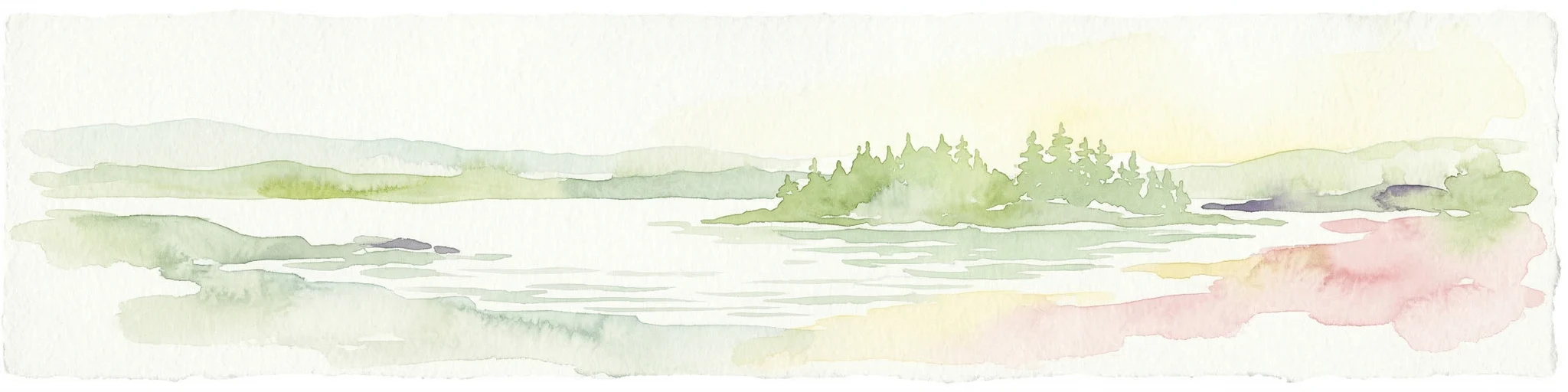 Ilustración en acuarela que muestra un lago con islas y orillas boscosas, colinas distantes y colores pastel suaves