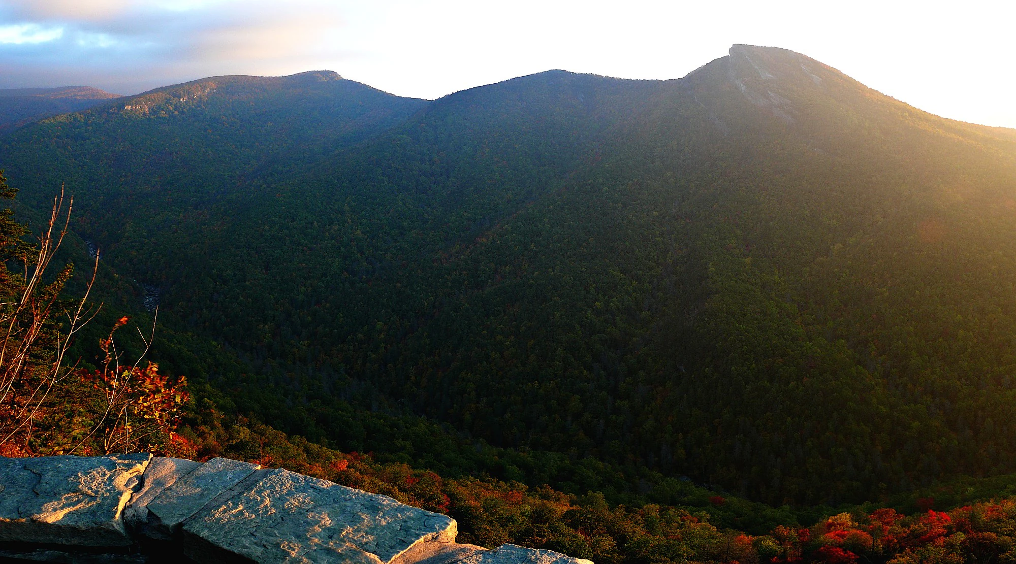 A wide angle landscape view of forested mountains and a deep canyon at sunrise, taken from a stone observation wall.