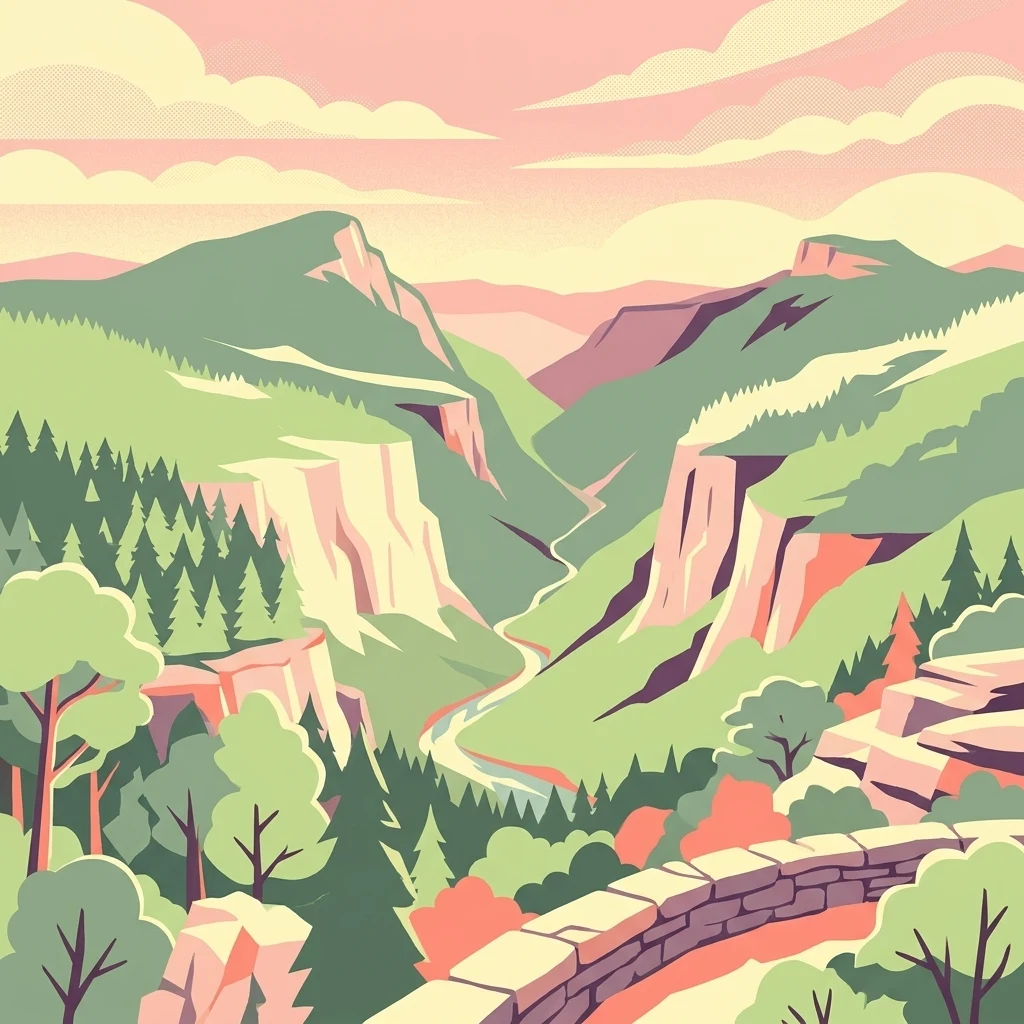 A colorful digital illustration showing a deep river gorge with steep cliffs, dense forest, and a stone wall in the foreground under a sunset sky.