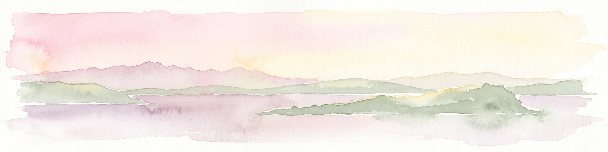 Una pintura horizontal en acuarela que representa un paisaje costero de tonos suaves con una isla en primer plano y colinas distantes bajo un cielo pálido con tonos de amanecer.
