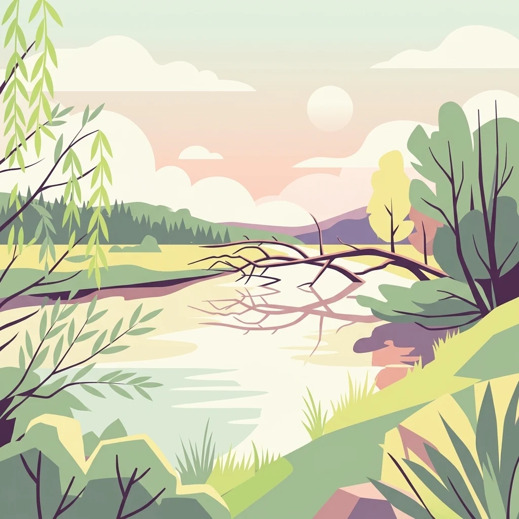 A flat-style digital illustration of a calm river scene, showing a river flowing past grassy banks with a fallen tree trunk stretching across the water surface, surrounded by lush vegetation and a soft-toned sky.