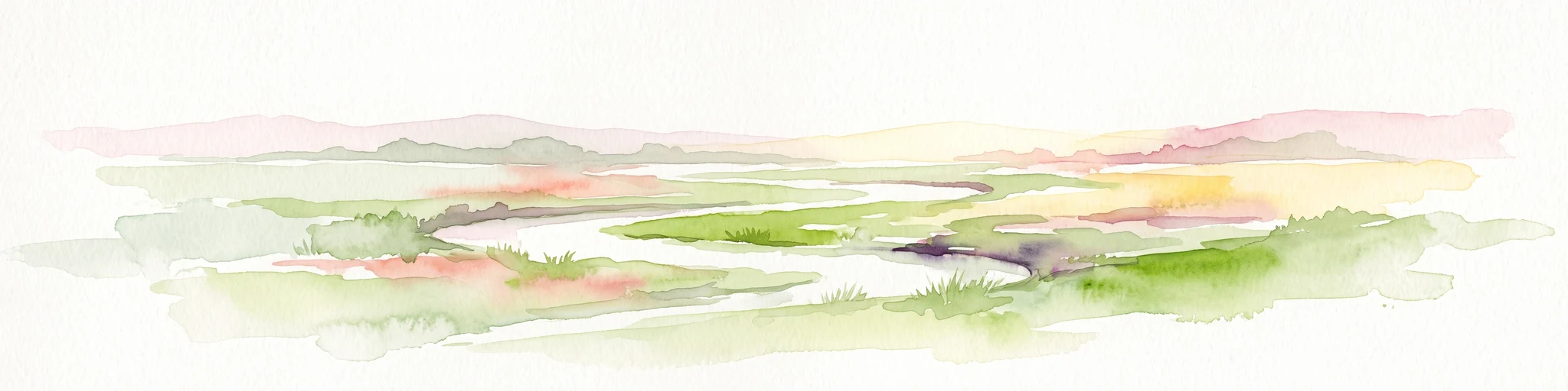 A minimalist watercolor painting showing a winding river through a soft green and yellow landscape with distant rolling hills.