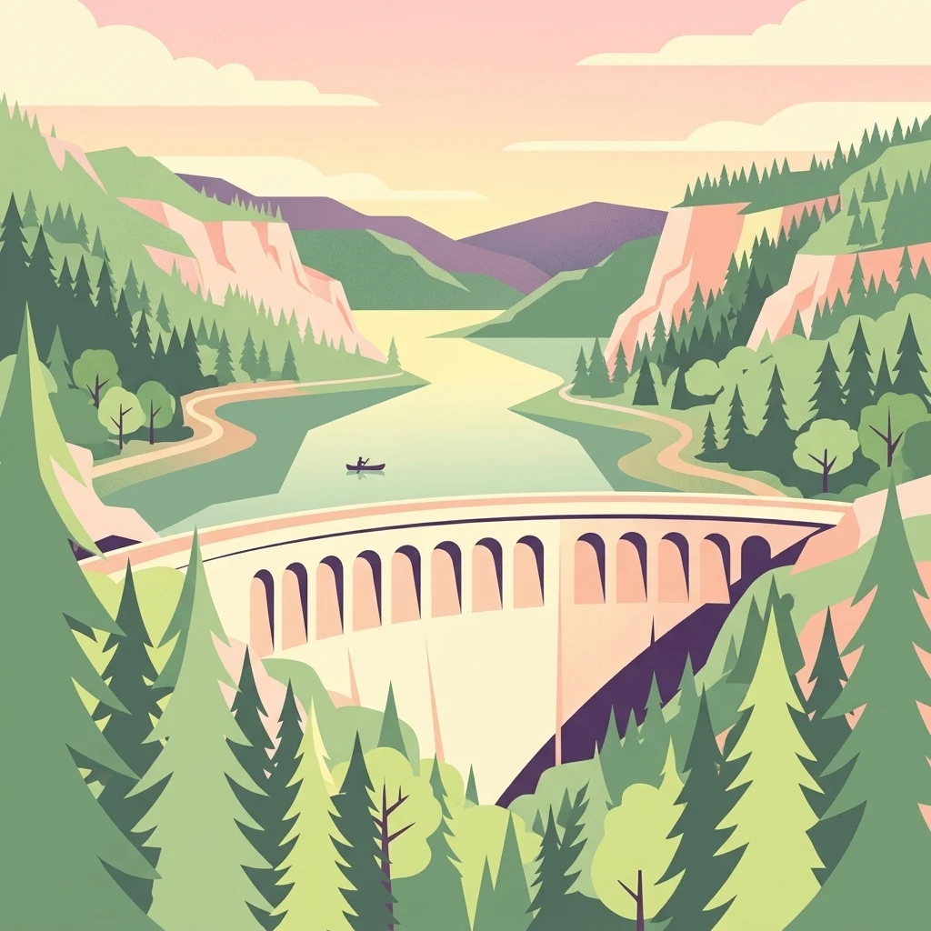 A flat vector-style illustration of a large stone arch dam spanning a reservoir, surrounded by dense evergreen forests, hills, and a calm body of water with a small boat.