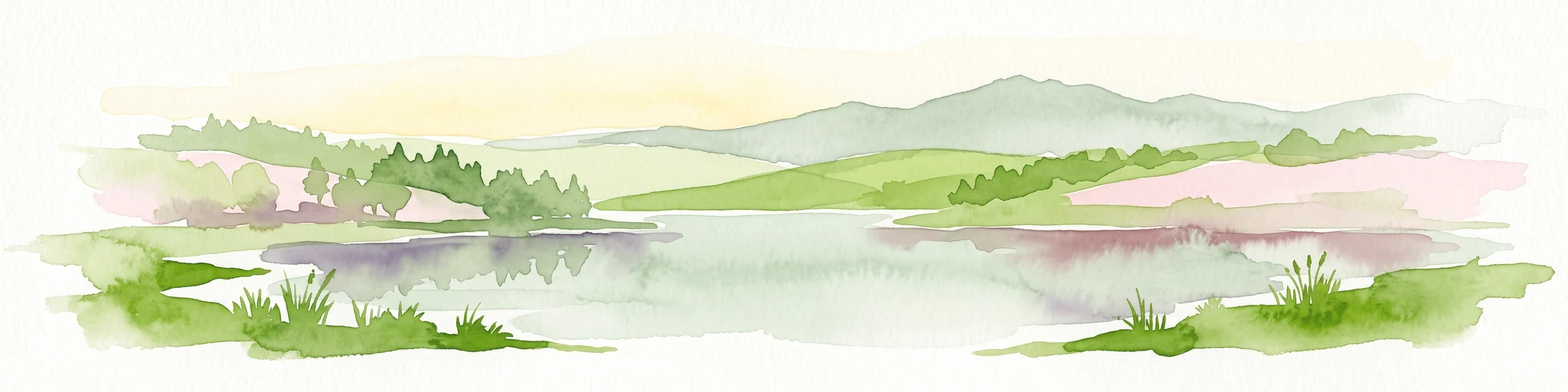 Una pintura en acuarela que muestra un embalse tranquilo rodeado de colinas verdes onduladas, bosques y orillas cubiertas de hierba bajo un cielo pálido.