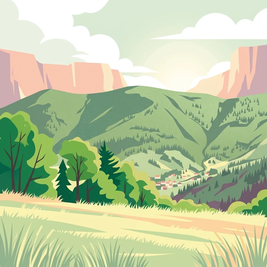 An illustration showing a sunny, green mountain landscape with trees in the foreground, rolling hills with forests, and a small town nestled in a valley.