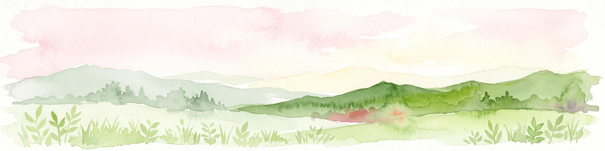 Una ilustración horizontal en acuarela que representa suaves montañas verdes onduladas bajo un cielo rosa pálido, con motivos vegetales sencillos en primer plano.
