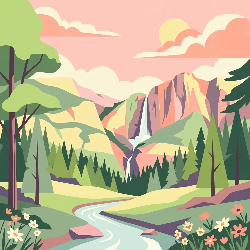 A flat vector illustration of a mountain landscape with a waterfall cascading down a cliff into a river, surrounded by pine forests and wildflowers under a pastel sky.