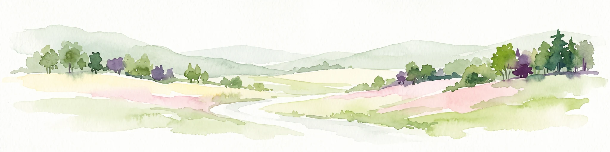 Una pintura horizontal en acuarela de colinas verdes onduladas, un sendero serpenteante y grupos de árboles caducifolios y coníferas.